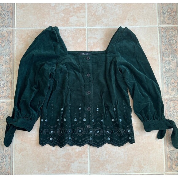 Madewell Embroidered Green Corduroy Tie Sleeve Eyelet Blouse Women size‎ XXS - Picture 2 of 9
